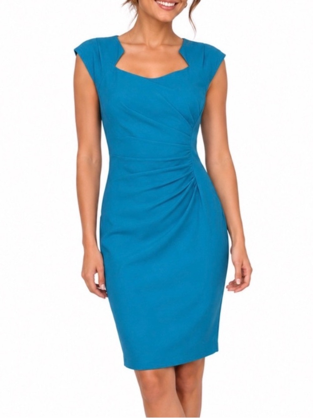 Calvin Klein Teal Midi Sheath Dress with Notched Square Neck. Size 12.